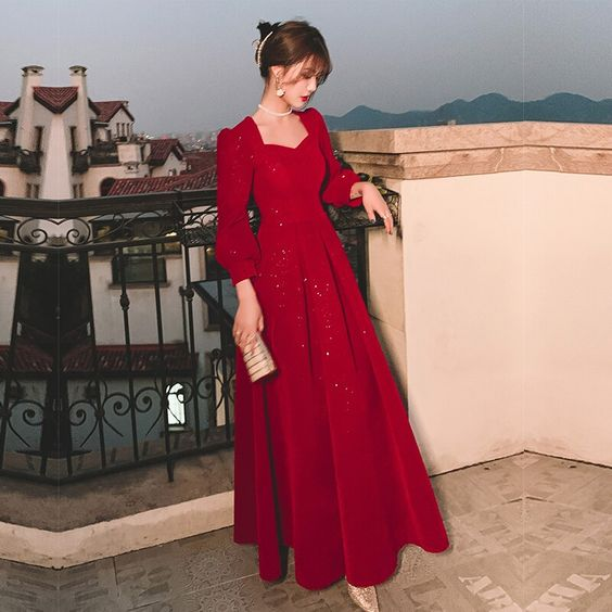 Red Glitter Modest Prom Dress Muslim Formal Evening - VelvetHem