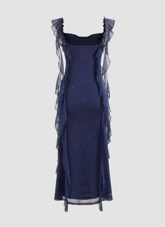 Shiny Navy Blue Chiffon Ruffles Long Prom Dress Elegant Evening Dress - View 3 | VelvetHem