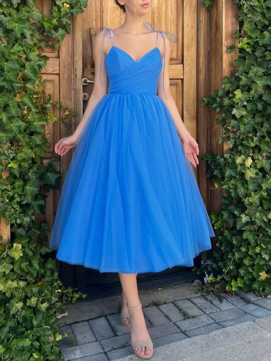Simple v neck blue tulle party dress lovely teen girls party dress cc88 - VelvetHem