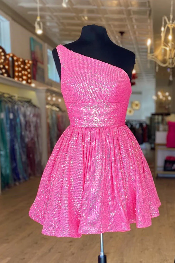 Hot Pink One Shoulder A Line Short Homecoming Dress Sequins (ZD12408)