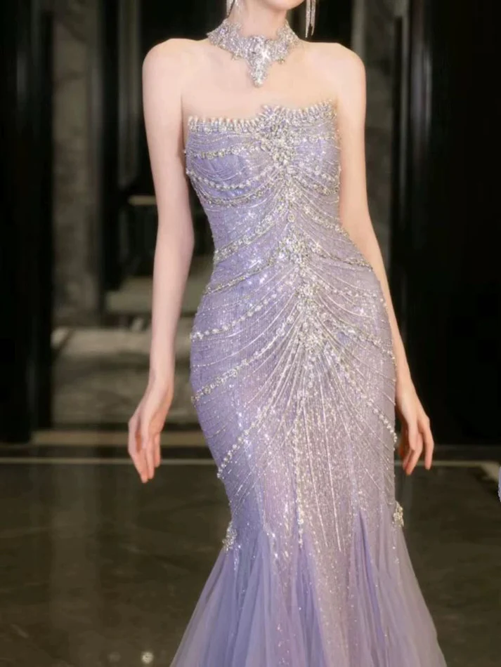 Luxury Lilac Mermaid Strapless Tulle Beaded Long Prom Dress,Evening Dress - View 4 | VelvetHem