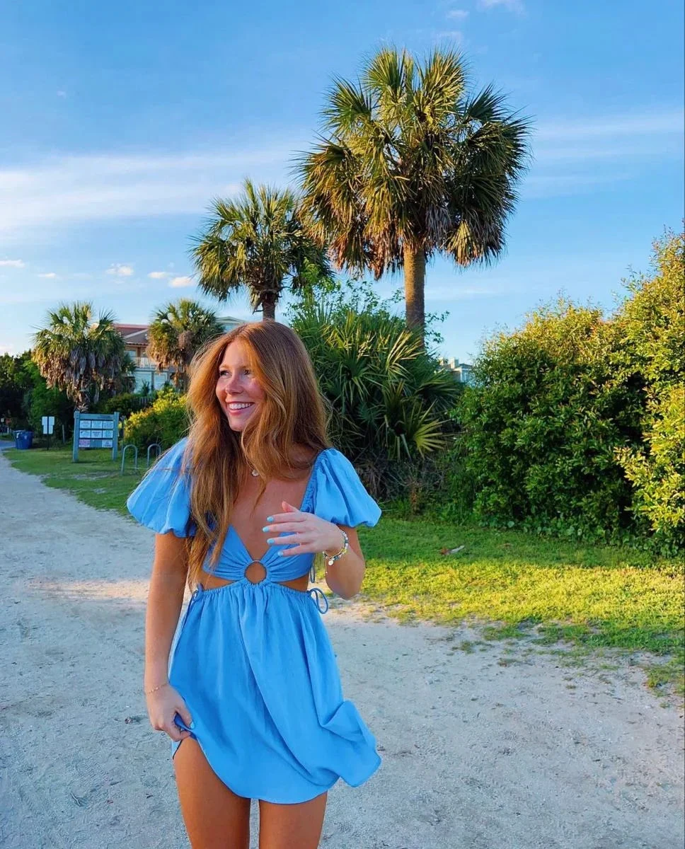 Blue Waist Cut Out Homecoming Dress Blue Beach Dress Y2748 by simplepromdress