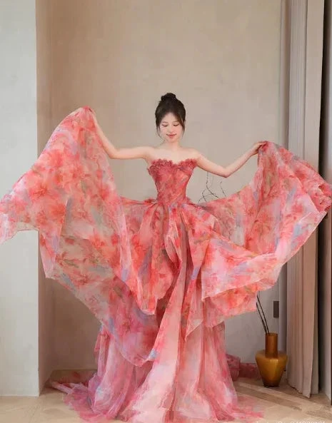 Elegant Strapless Tulle Print Floral Wedding Dress,Formal Prom Evening Dress Y8540 by simplepromdress
