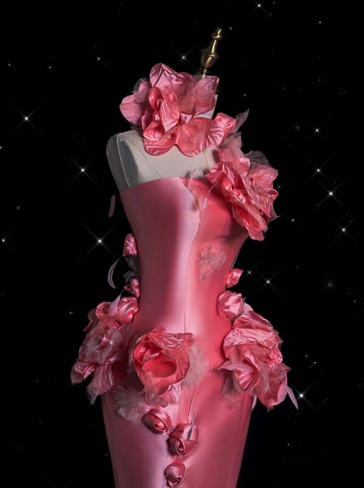 Pretty Pink Satin Mermaid Evening Dress,3D Flowers Long Party Prom Dress