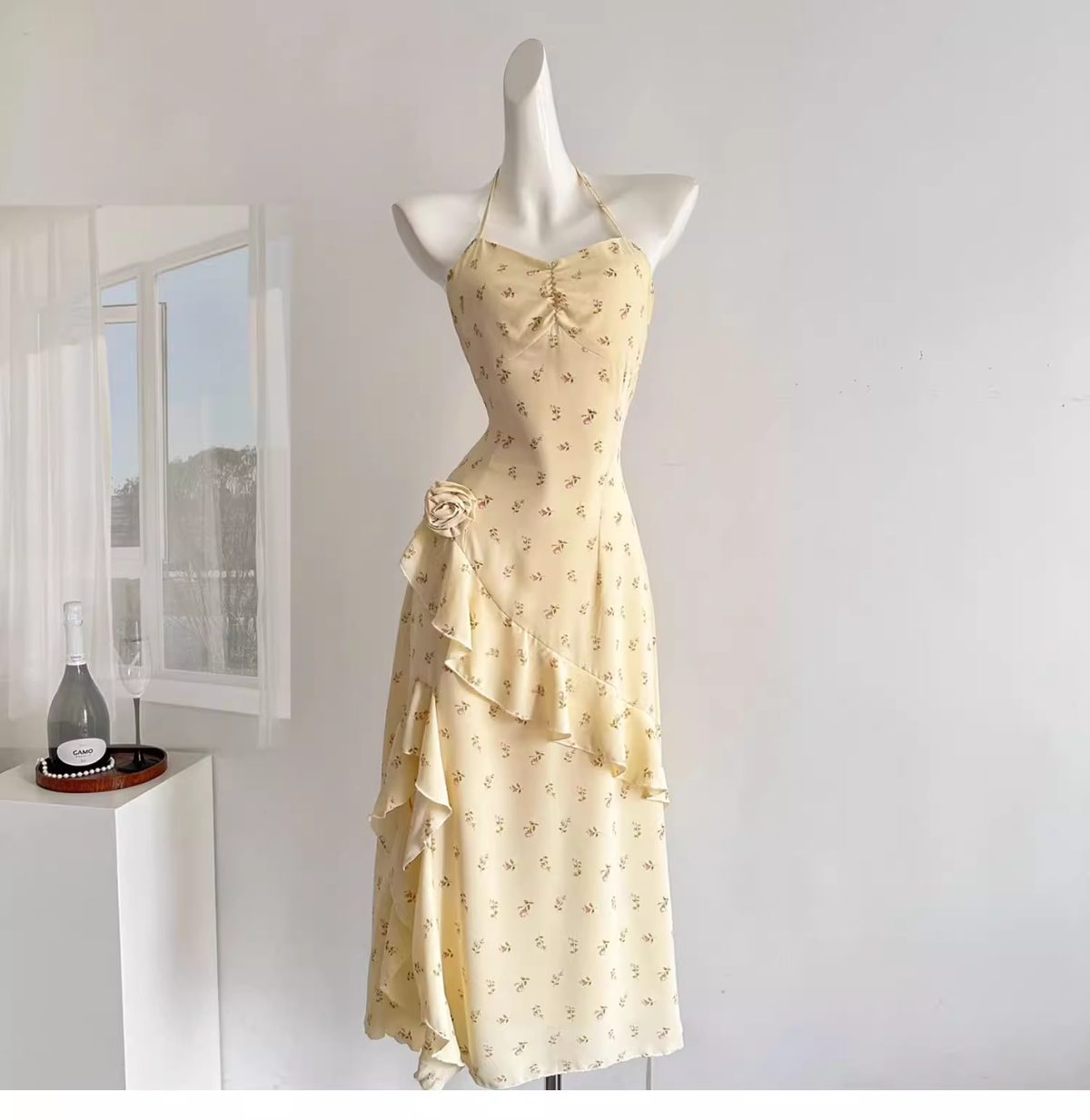 Sweet Slit Irregular Yellow Floral Vacation Dress Two-Piece - VelvetHem