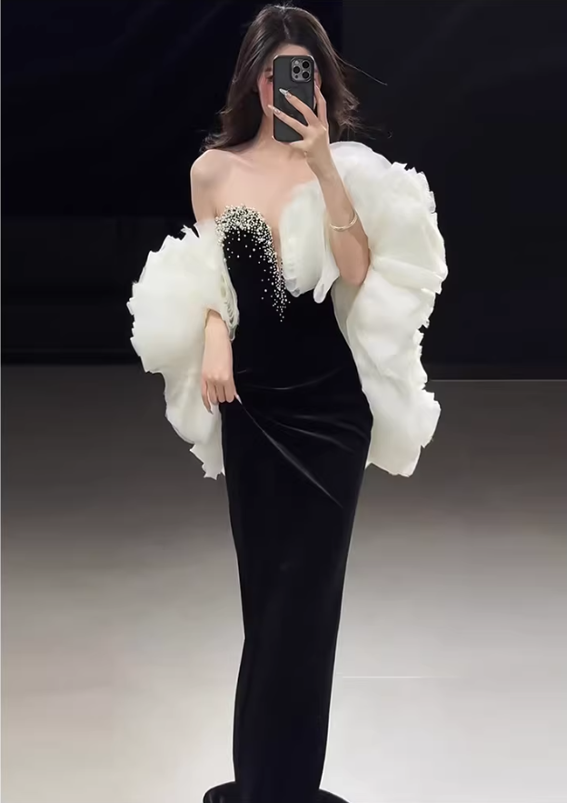 Gorgeous Strapless Black Velvet Beaded Mermaid Long Prom Dress Birthday Party Dress - View 6 | VelvetHem