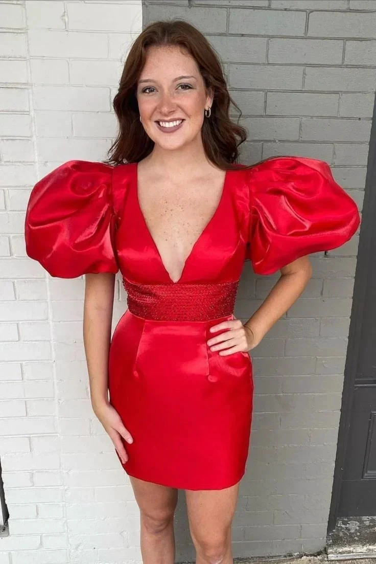 Red Satin Homecoming Dress with Puff Sleeves Red Party Dress (ZD12776)