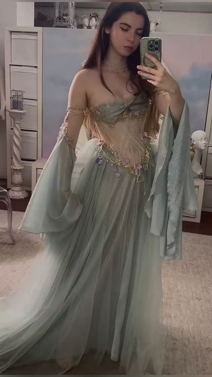 Classy Gray Blue Tulle Appliques Evening Dress,Off Shoulder Prom Party Gown - View 3 | VelvetHem