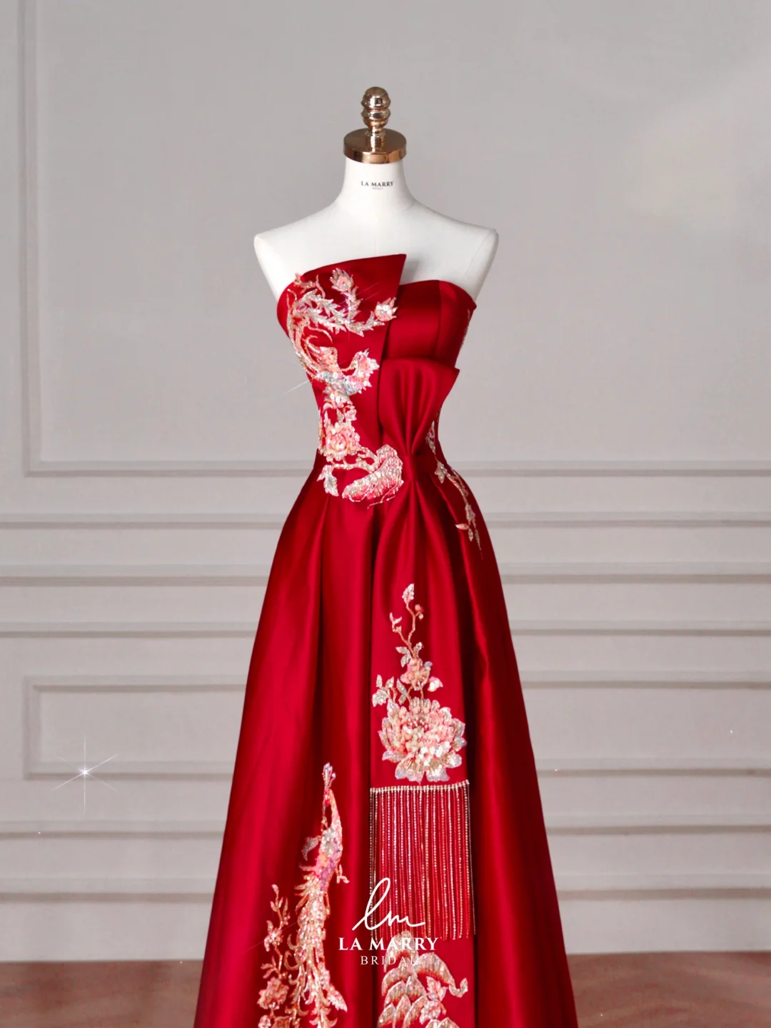 Gorgeous Red Satin Sequin Embroidery A Line Prom Dress Strapless Evening Dress Y8631 - VelvetHem