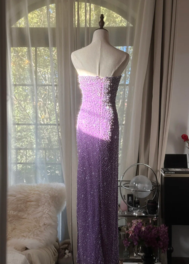 Glamorous Strapless Purple Chiffon Beaded Sheath Slit Prom Dress Long Party Gown - View 6 | VelvetHem