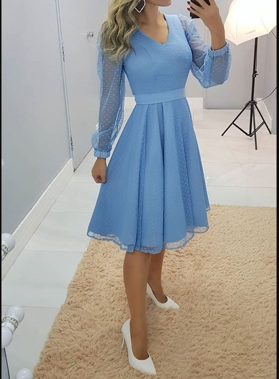 A-line Blue Long Sleeves Party Dress Blue Homecoming Dress Y6045 - VelvetHem
