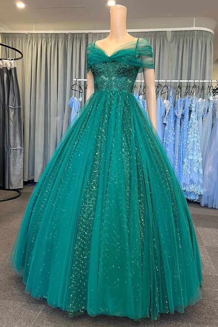 Glitter Emerald Green Tulle Cold-Shoulder Ball Gown - View 2 | VelvetHem