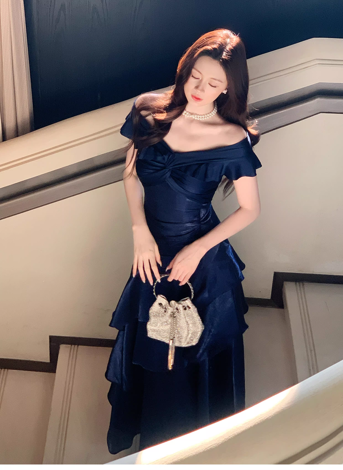Stylish Navy Blue Off The Shoulder Satin Layered Ruffles Mermaid Long Evening Dress Prom Gown - View 5 | VelvetHem