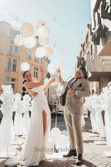 Obsessing Long White Wedding Dress One Shoulder Sleeveless Beading Bridal Gown With Slit