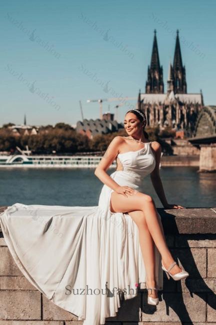 Obsessing Long White Wedding Dress One Shoulder Sleeveless Beading Bridal Gown With Slit