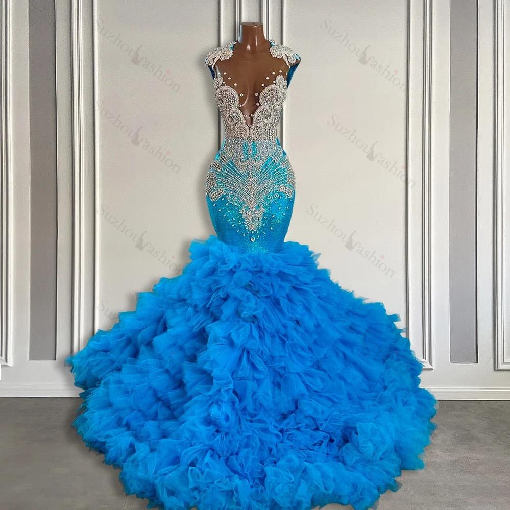 Ocean Blue Mermaid Tulle Ruffle Formal Dresses Long With Beadings