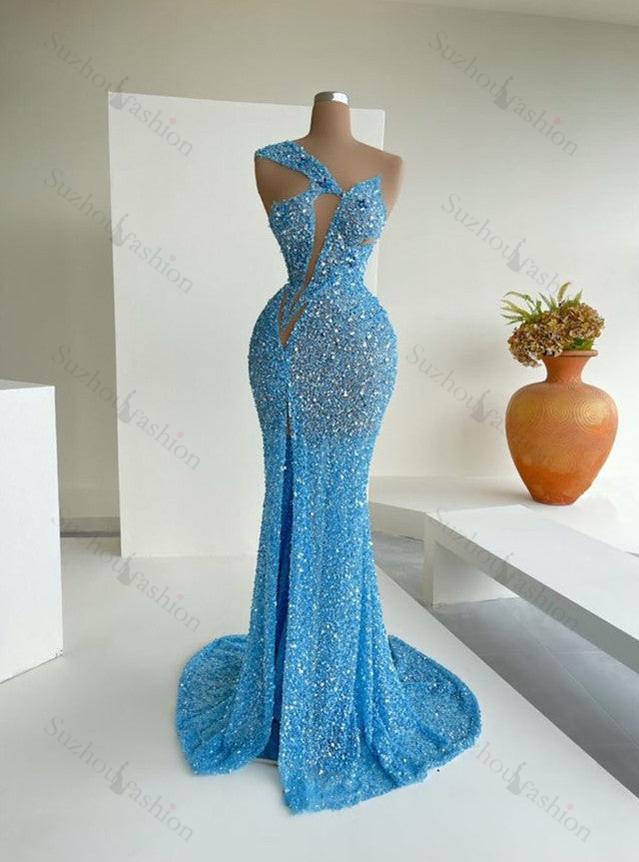 Ocean Blue Sequins One-Shoulder Mermaid Long Formal Dresses With Split