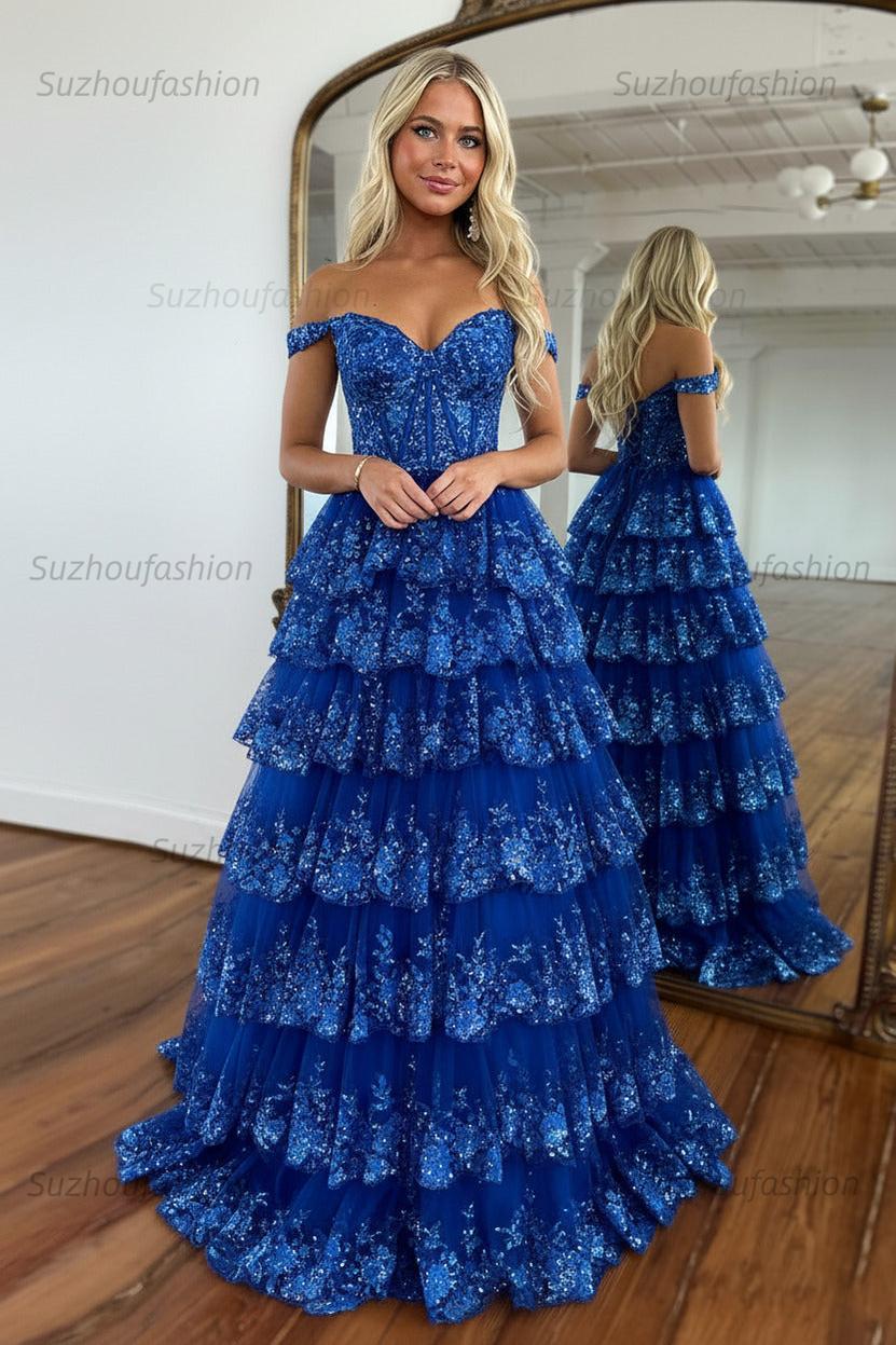 Glitter Hot Pink Corset Off the Shoulder Lace Long Prom Dress