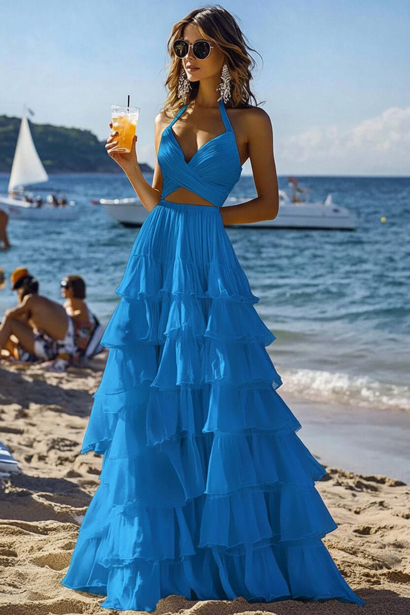 Halter Tiered White 2 Piece Ruffled Formal Dress