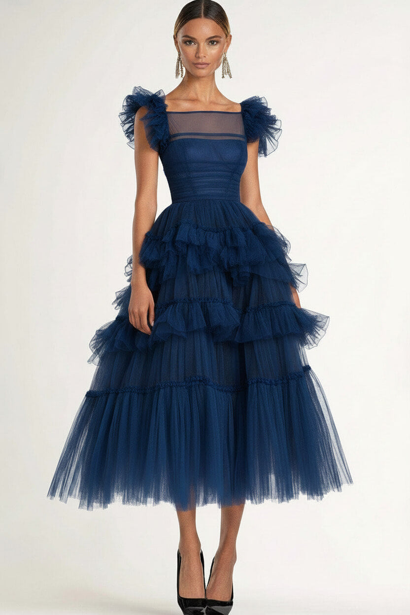 Tea Length Black Wedding Guest Dress A-Line Flatter Sleeves Tulle Formal Dress With Ruffles