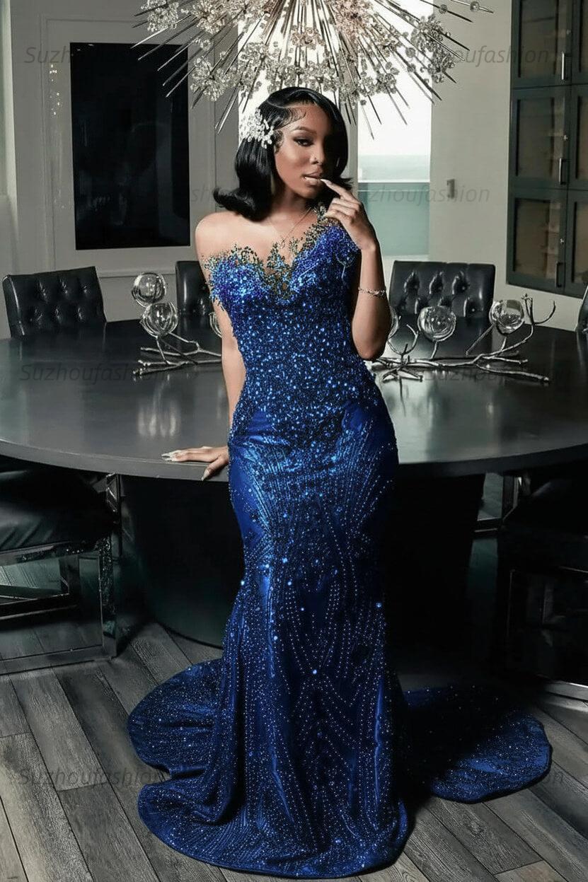 Green Mermaid Prom Dress Sleeveless Formal Evening Dress with Beadings and Rhinestones