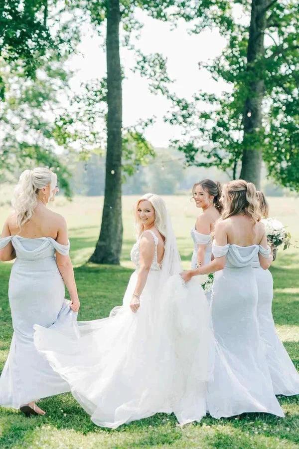 Off-Shoulder Pleated Light Blue Long Bridesmaid Dress with Split (ZD12852)