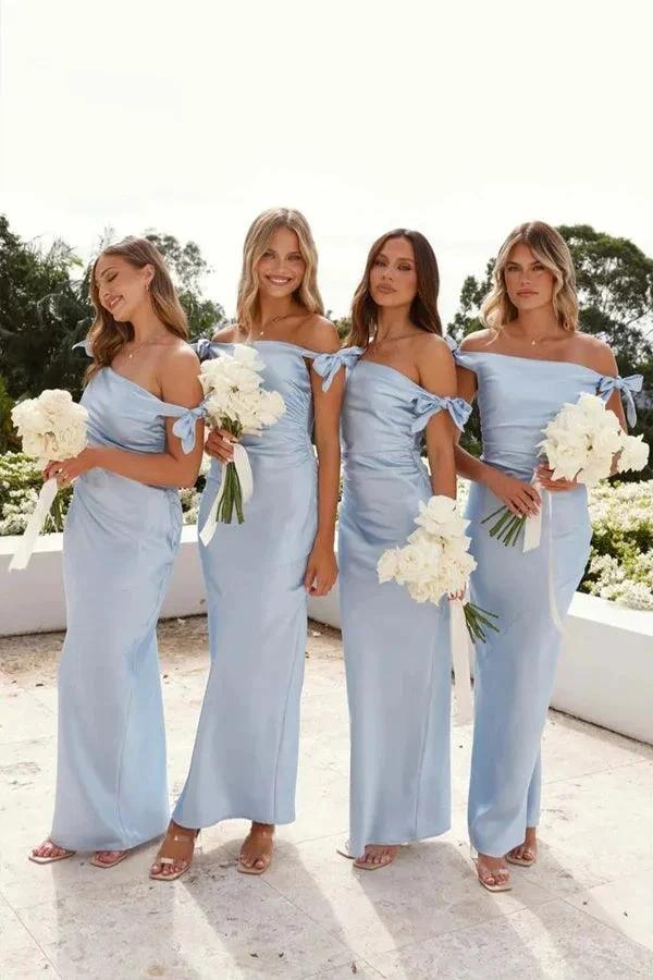 Off-Shoulder Sheath Pleated Satin Light Blue Bridesmaid Dress BD136 by pgmdress