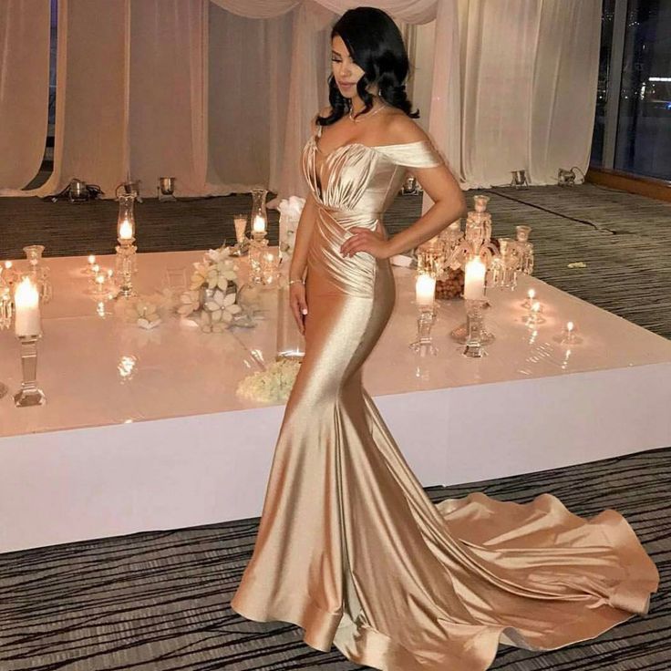 Off The Shoulder Champagne Gold Sexy Prom Dresses  Mermaid Lates Popular Evening Gown FB0183