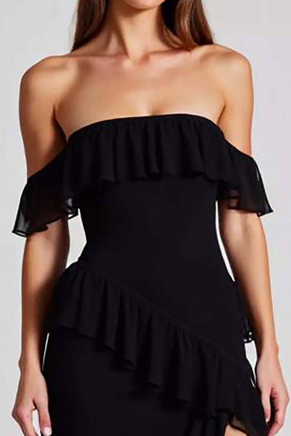 Off The Shoulder Chiffon Black Wedding Guest Dress Formal Dress With Slit