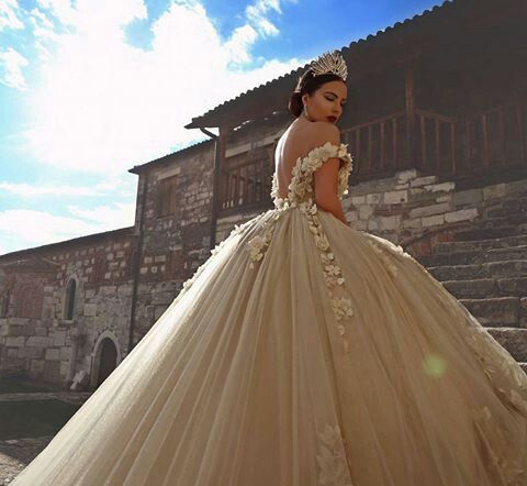 Off The Shoulder Flowers Gorgeous Wedding Dress  Puffy Tulle Beaded Crystals Ball Gown Princess  Bride Dress