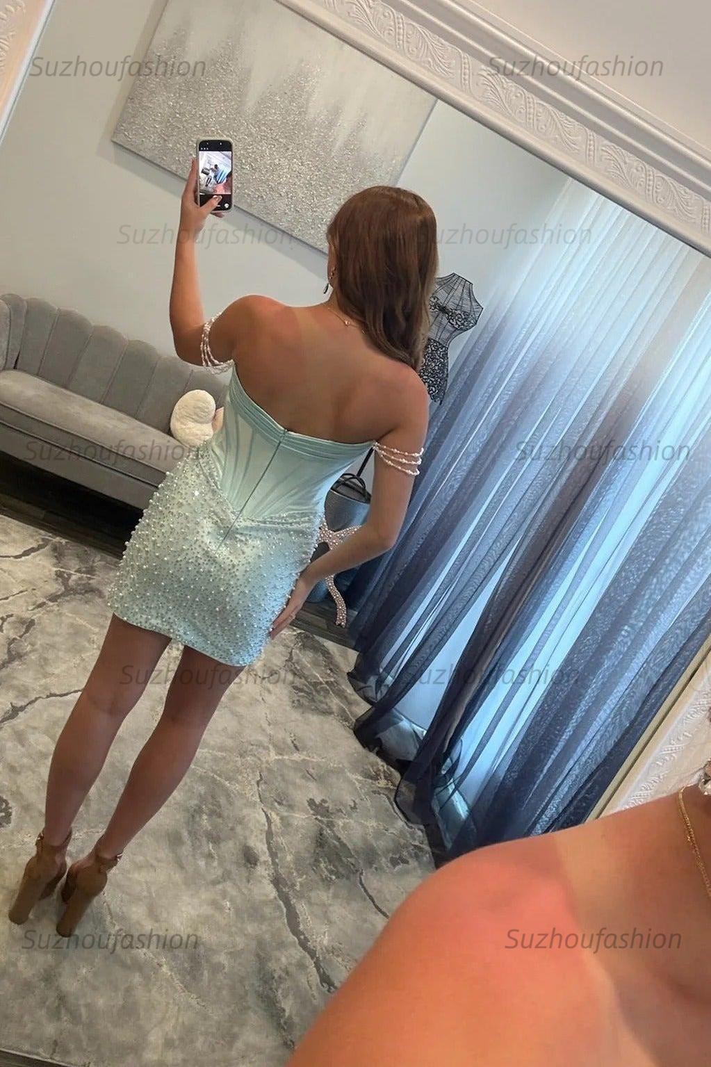 Off The Shoulder Homecoming Dress Bodycon Beaded Corset Short Cocktail Dress