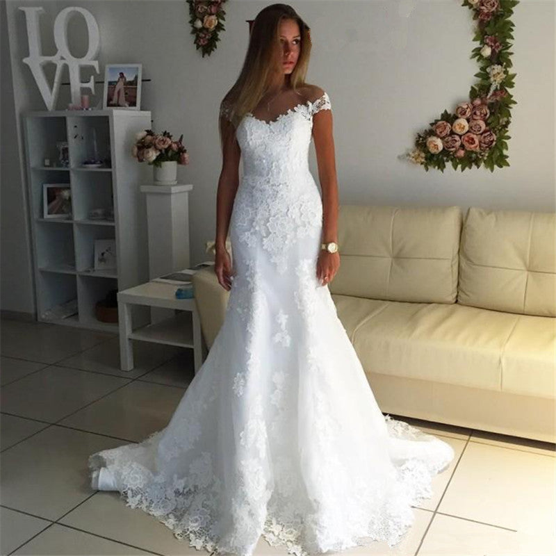 Off The Shoulder Lace Appliques Wedding Dress  Discount Bridal Gowns