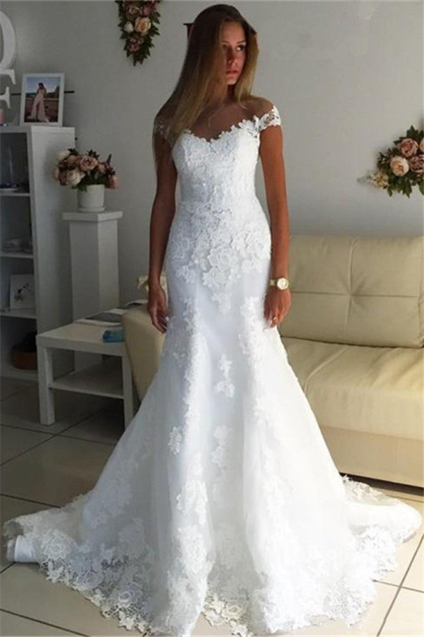 Off The Shoulder Lace Appliques Wedding Dress  Discount Bridal Gowns