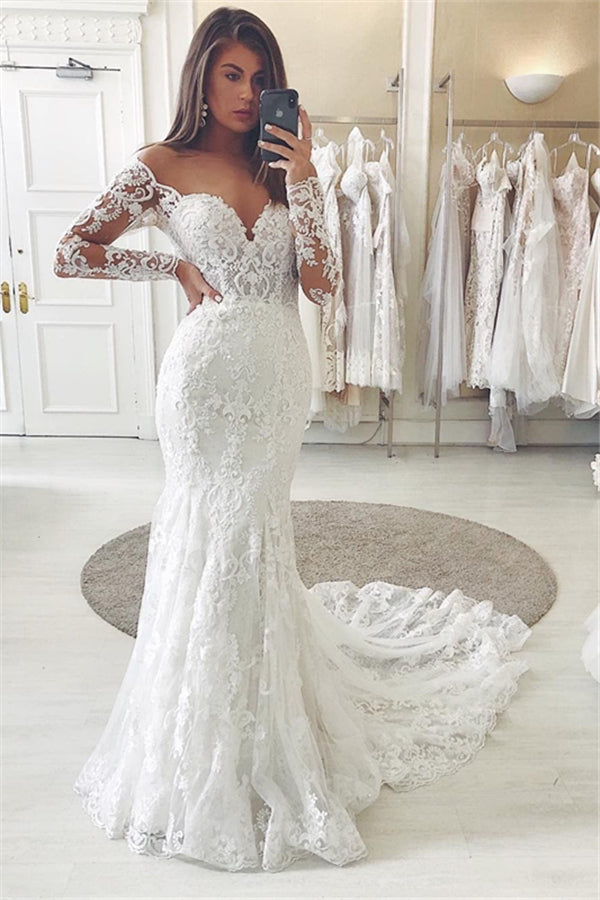 Off The Shoulder Lace Long Sleeve Wedding Dresses | Mermaid Bridal Gowns