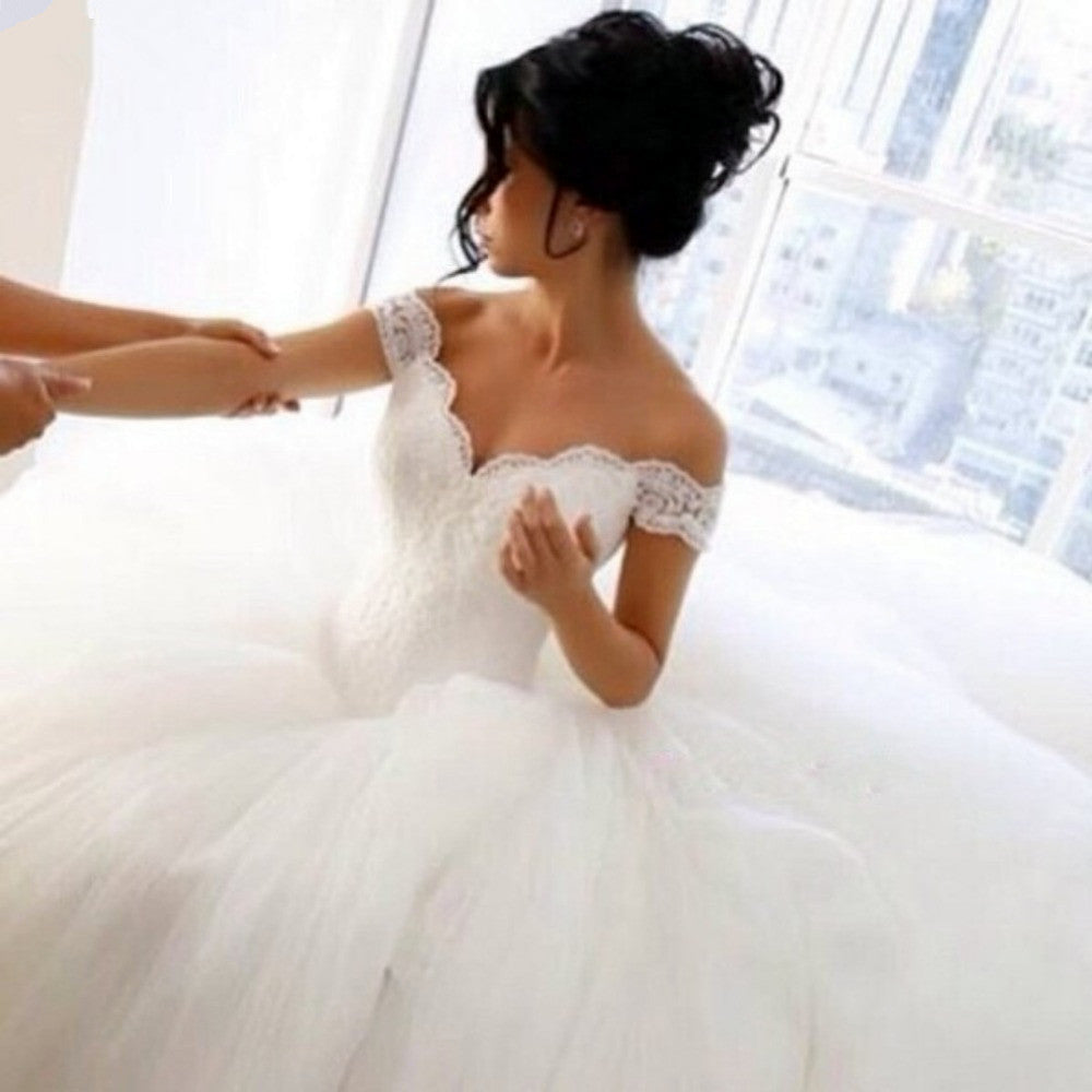 Off The Shoulder Lace Wedding Dresses  Princess Ball Gown Tulle Skirt Bride Dress