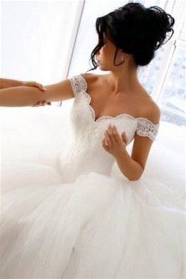 Off The Shoulder Lace Wedding Dresses  Princess Ball Gown Tulle Skirt Bride Dress