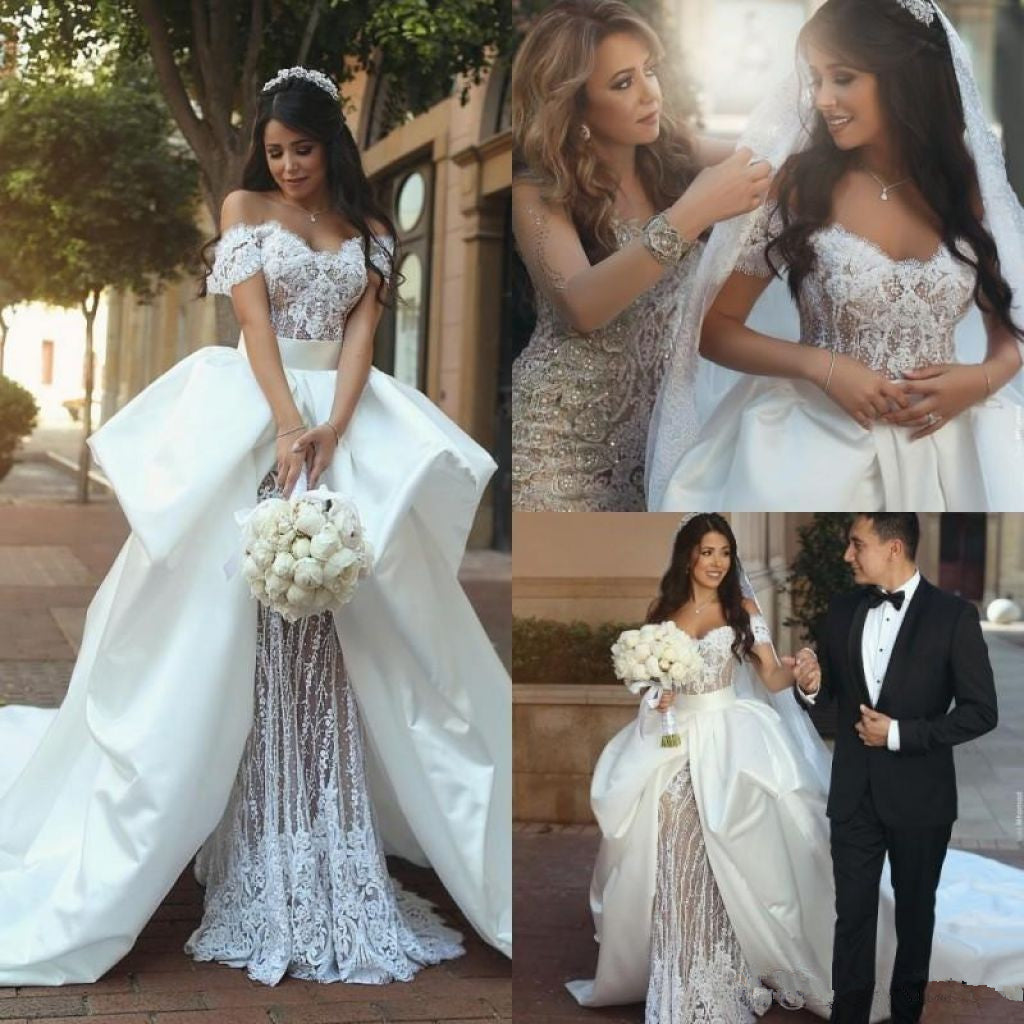 Off The Shoulder Lace Wedding Dresses | Satin Overskirt Long Train Sexy Bridal Gowns