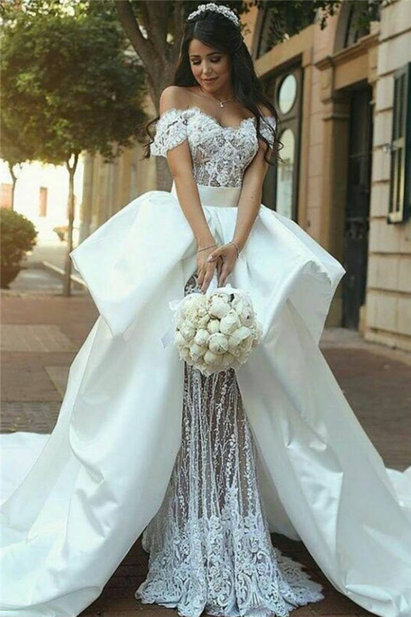 Off The Shoulder Lace Wedding Dresses | Satin Overskirt Long Train Sexy Bridal Gowns
