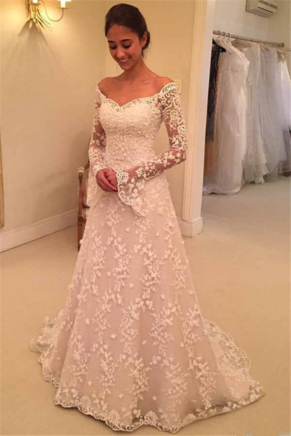 Off The Shoulder Lace Wedding Dresses with Sleeves | Bell Sleeve Elegant Bride Dress