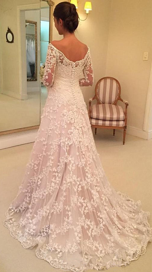 Off The Shoulder Lace Wedding Dresses with Sleeves | Bell Sleeve Elegant Bride Dress