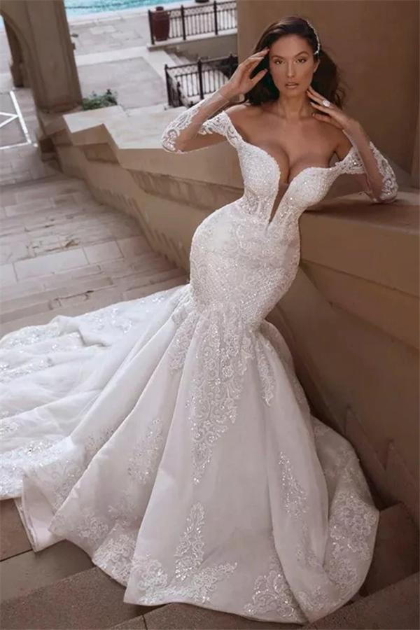 Off The Shoulder Mermaid Lace Wedding Dresses  | Long Sleeve Sexy Bridal Dresses Online
