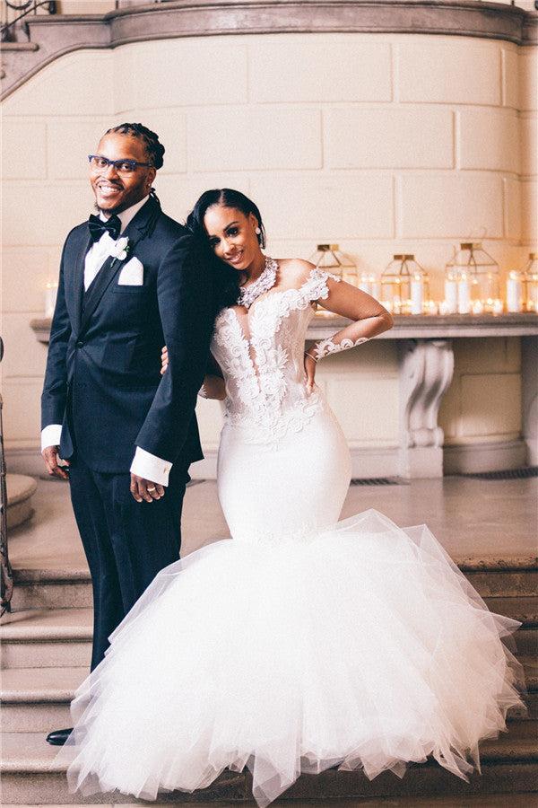 Off The Shoulder Mermaid Wedding Dresses | Lace Appliques Elegant Long Sleeve Bridal Gowns