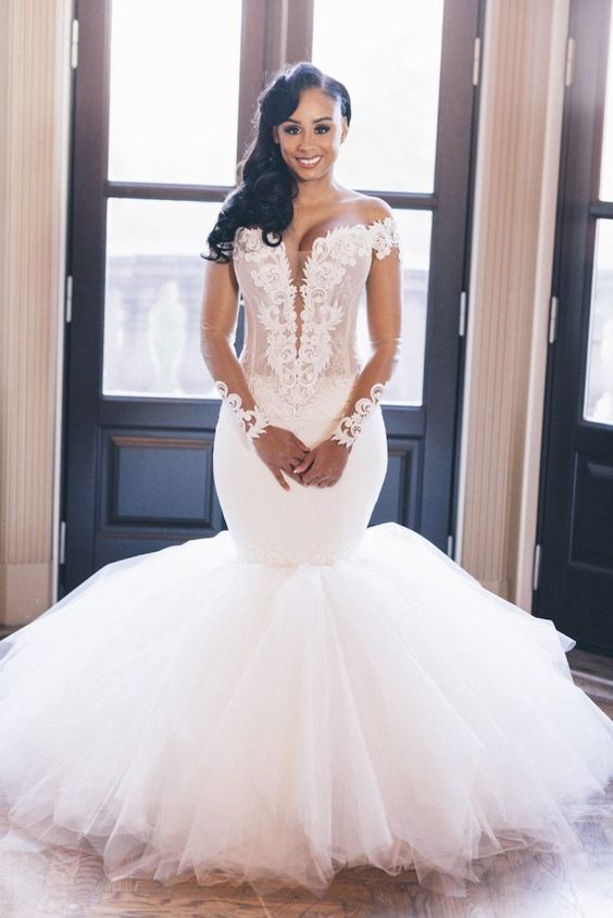 Off The Shoulder Mermaid Wedding Dresses | Lace Appliques Elegant Long Sleeve Bridal Gowns