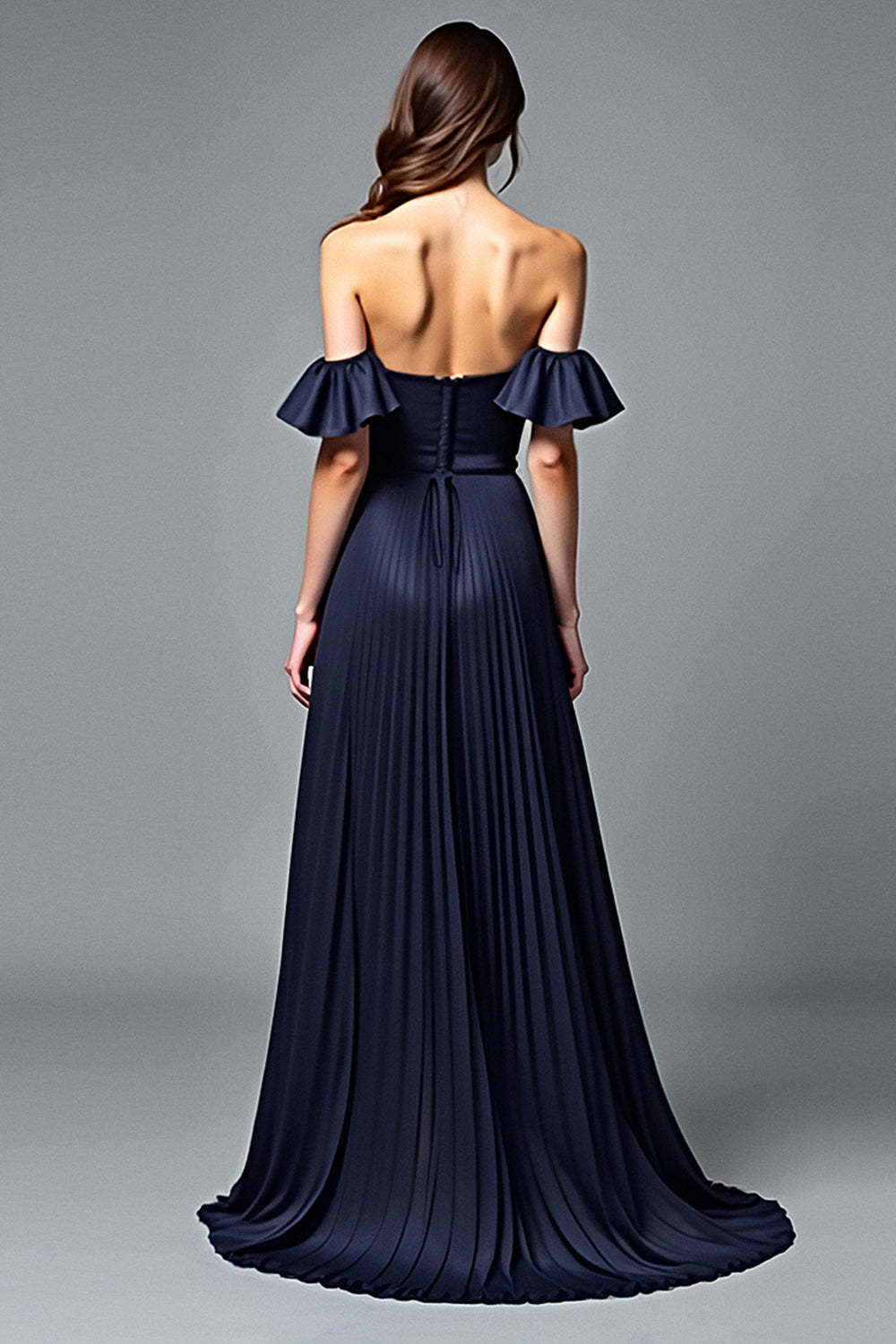 Off The Shoulder Navy Wedding Guest Dress A Line Pleated Formal Dress With Ruffles