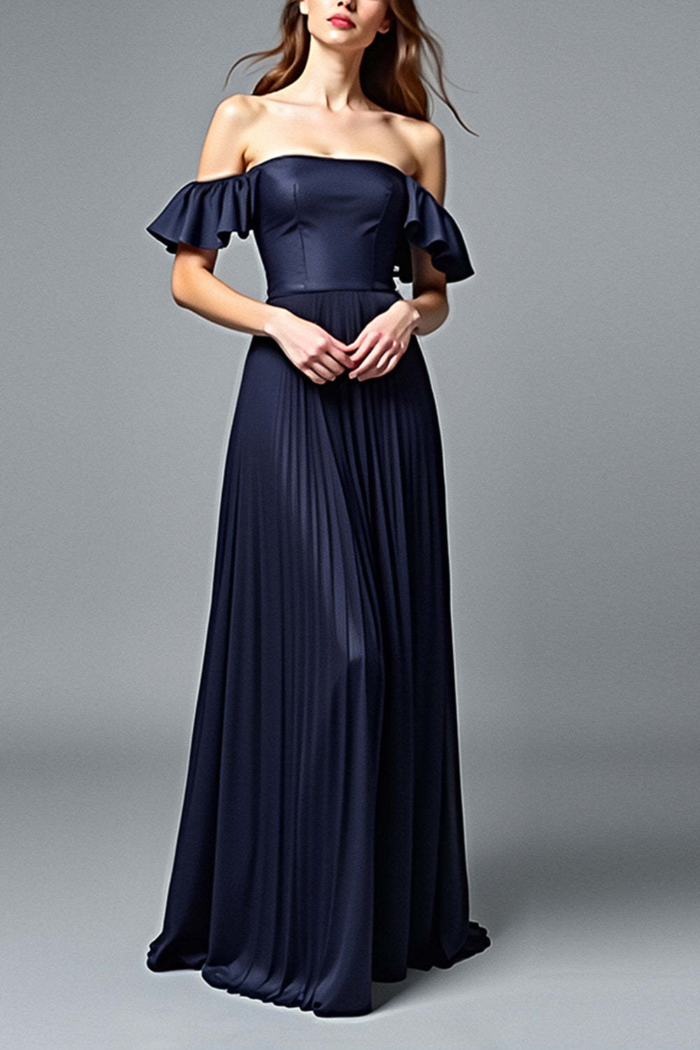 Off The Shoulder Navy Wedding Guest Dress A Line Pleated Formal Dress With Ruffles