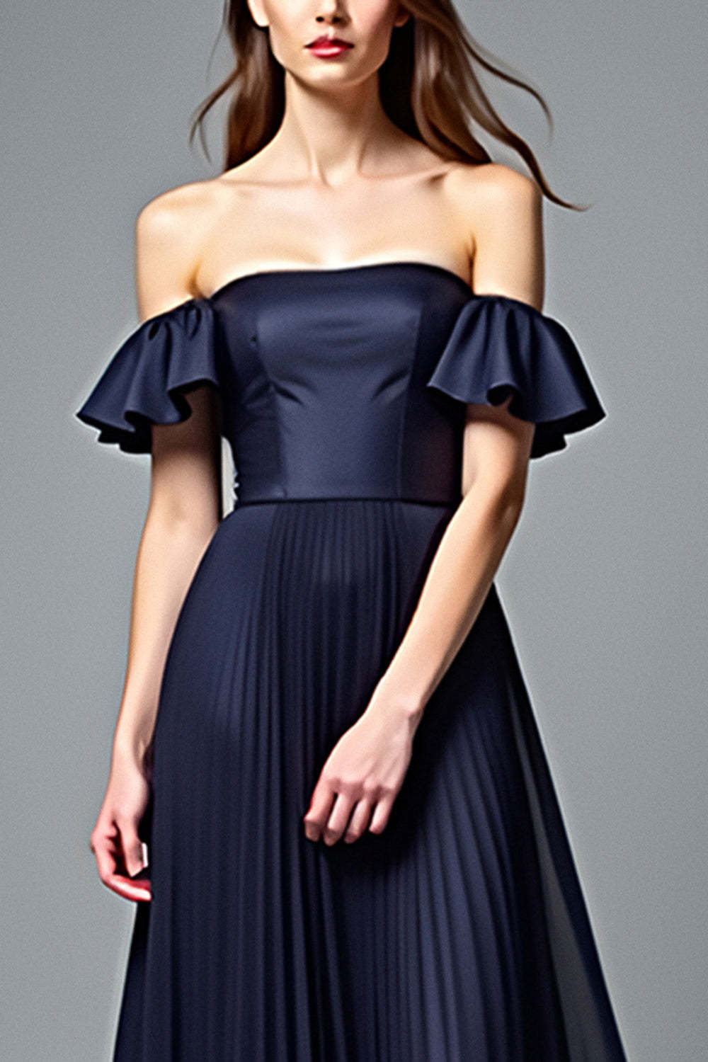 Off The Shoulder Navy Wedding Guest Dress A Line Pleated Formal Dress With Ruffles