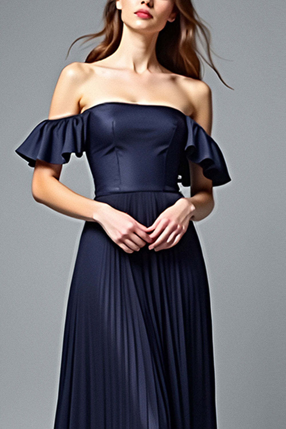 Off The Shoulder Navy Wedding Guest Dress A Line Pleated Formal Dress With Ruffles