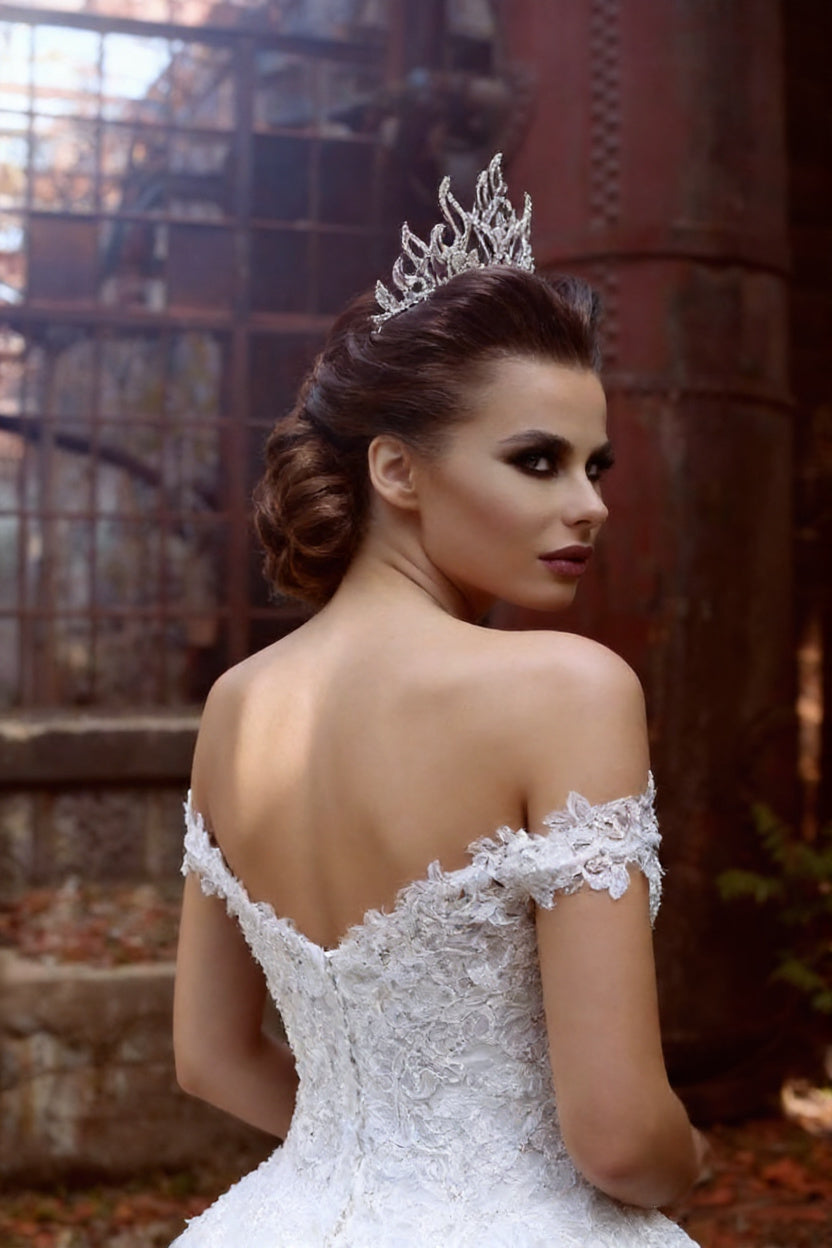 Off The Shoulder Princess Wedding Dress Ball Gown Lace Bride Dresses with Long Train