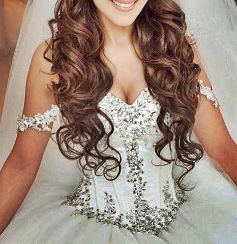 Off The Shoulder Princess Wedding Dress  Sweetheart Crystals Ball Gown Bride Dress