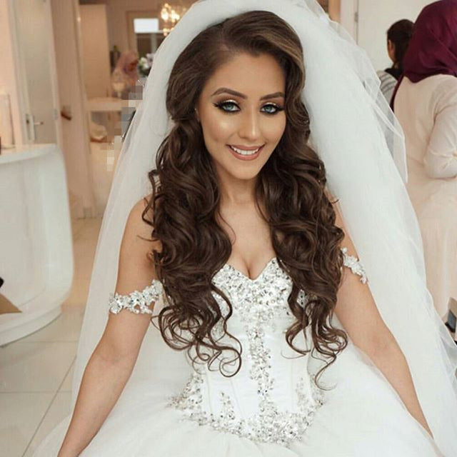 Off The Shoulder Princess Wedding Dress  Sweetheart Crystals Ball Gown Bride Dress